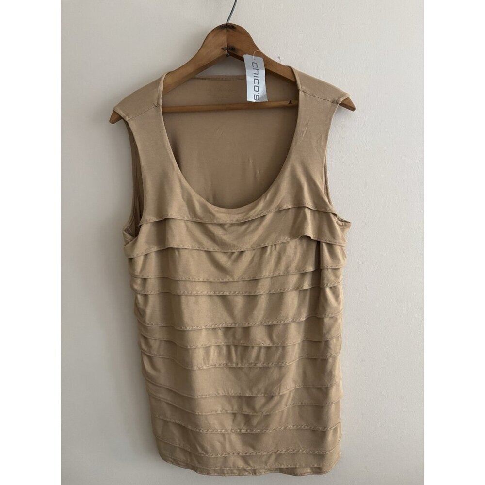 CHICO'S Tan Camel Tank Top Tiered Ruffles Sleeveless NEW Women’s Large